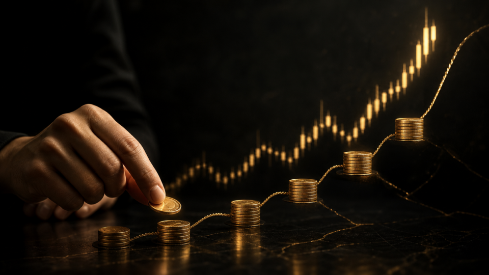 FXでお金が増える仕組みとは？トレードの基本と利益の出し方を象徴する、黒い相場画面と金色のロープを使ったFXリスク管理のアイキャッチ