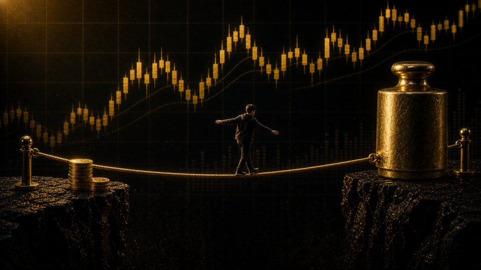FXゴールド（XAUUSD）「1万円しか入れないから0.1ロットで攻める」は短期勝負としてアリ！その理由と戦い方とは？を象徴する、黒い相場画面と金色のロープを使ったFXリスク管理のアイキャッチ