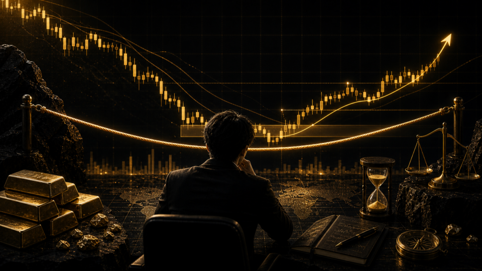 【今日の分析】XAUUSD（ゴールド）デイトレ戦略と押し目の確率｜2025-09-15（月）を象徴する、黒い相場画面と金色のロープを使ったFXリスク管理のアイキャッチ