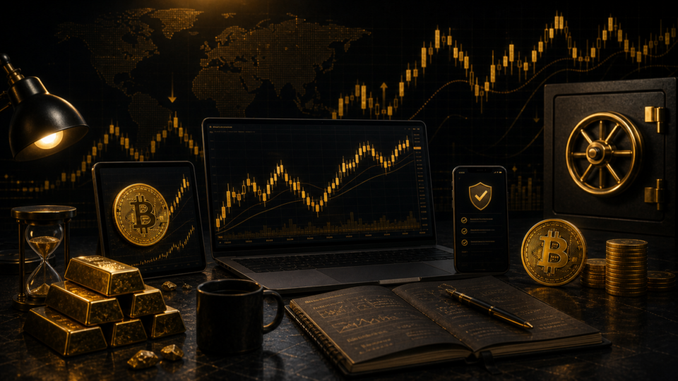 【2025年版】XMでビットコインを安全に始める：最適な口座タイプとMT4/MT5の選び方を完全ガイド（PR）を象徴する、黒い相場画面と金色のロープを使ったFXリスク管理のアイキャッチ