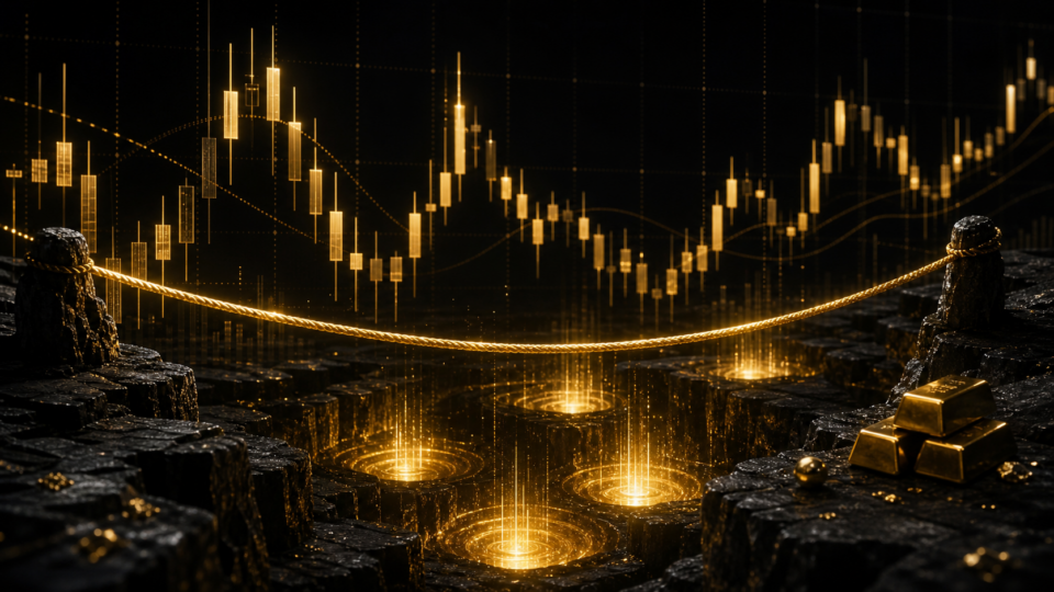 【2026-01-26】今日の分析：XAUUSD（ゴールド）— スマートマネー視点で読む「流動性」と「大口の意図」を象徴する、黒い相場画面と金色のロープを使ったFXリスク管理のアイキャッチ